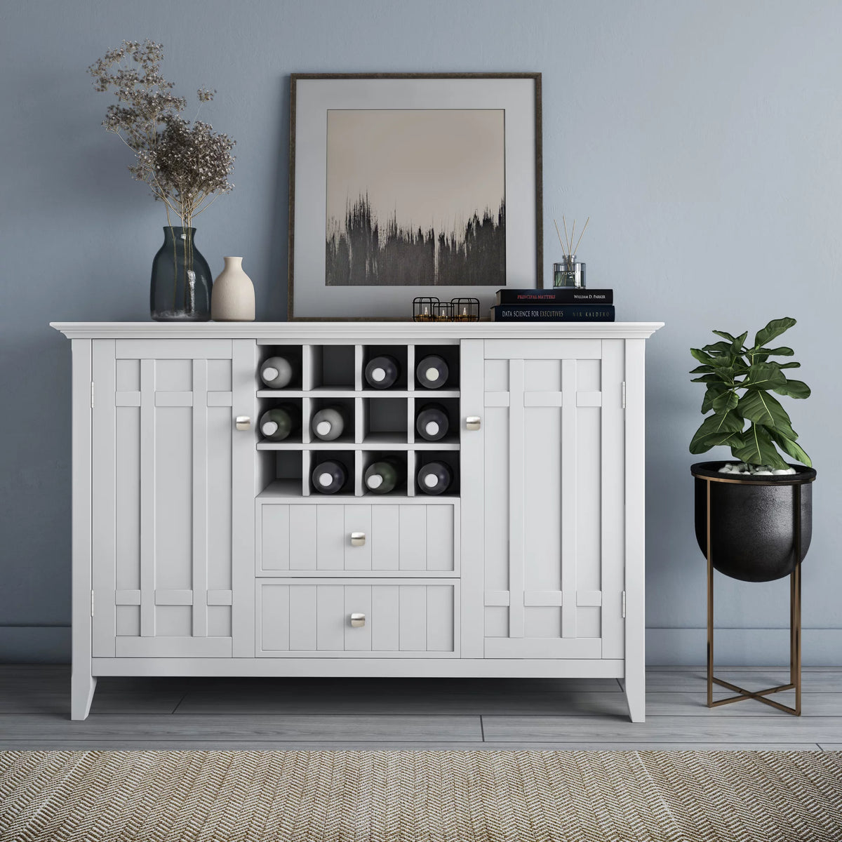 White Solid Wood Sideboard Buffet and Wine Rack V192