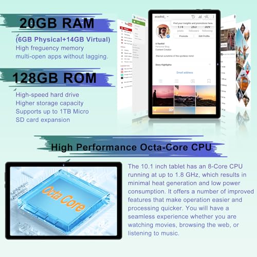Android 14 Tablet with Keyboard 20GB+128GB 10.1 Inch Octa-Core 2-in-1 HD IPS Display Black P388