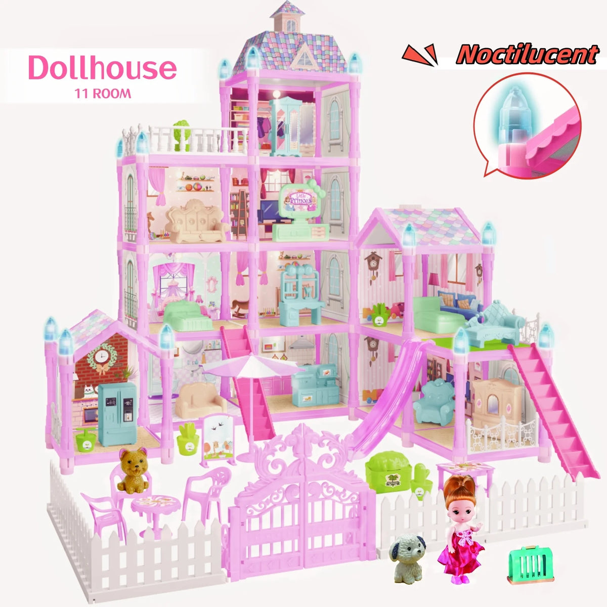 275PCS Dollhouse Kit with 11 Room Furniture Pink Princess Castle Playhouse M82580