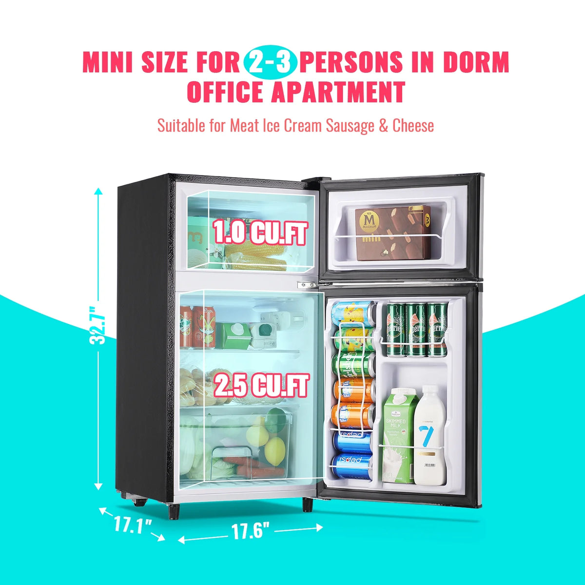 3.5 Cu.ft Dual Door Mini Fridge with Freezer Silver X5572
