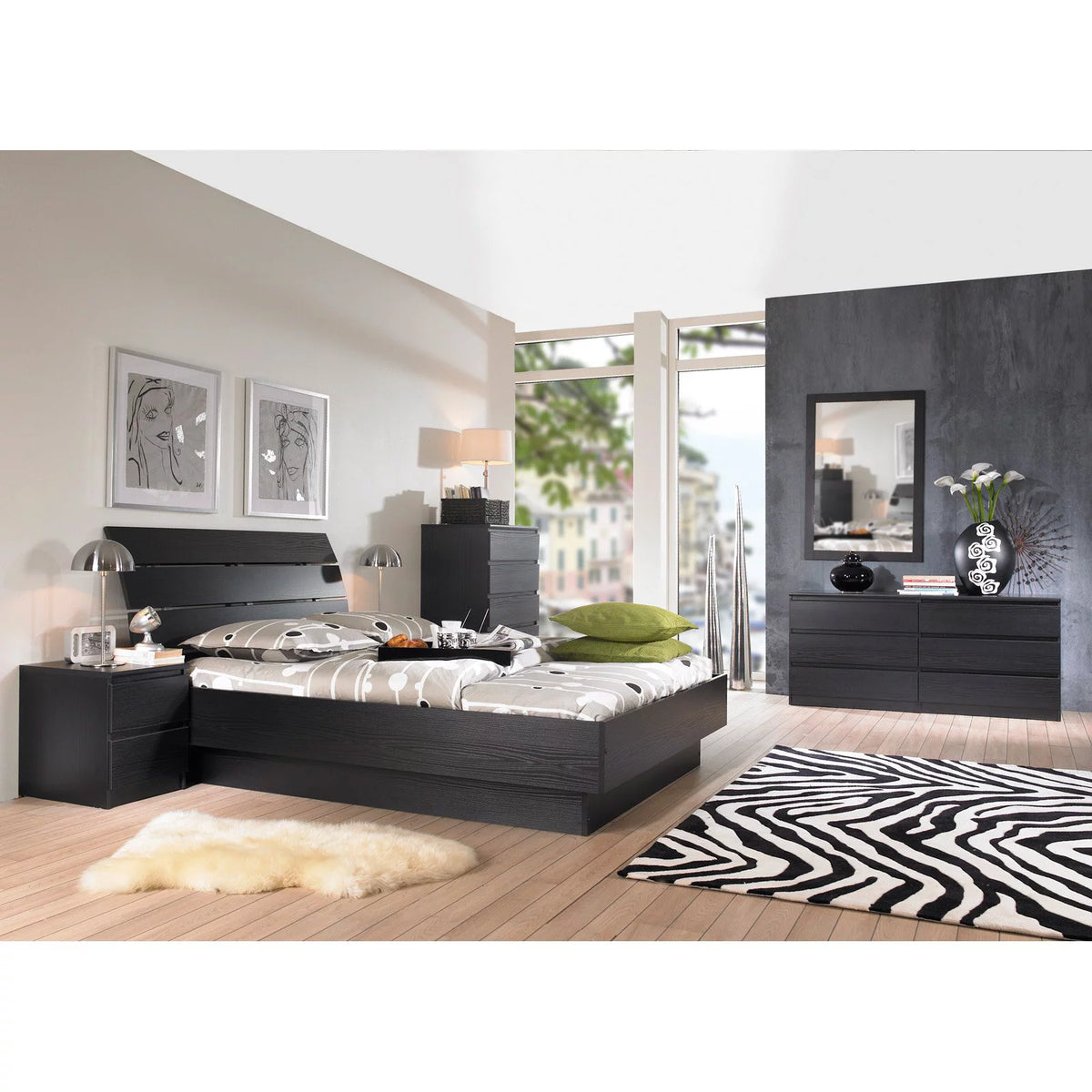 Queen Bed with Slats Black Woodgrain U59518