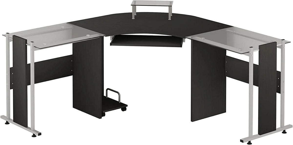 69" L-Shaped Tempered Glass Computer Desk with Monitor Stand Black Y84774