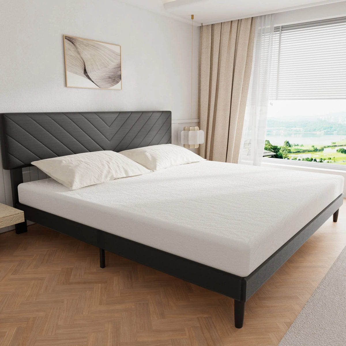 King Size Upholstered Platform Bed Frame with Adjustable Headboard and Wood Slats K5969