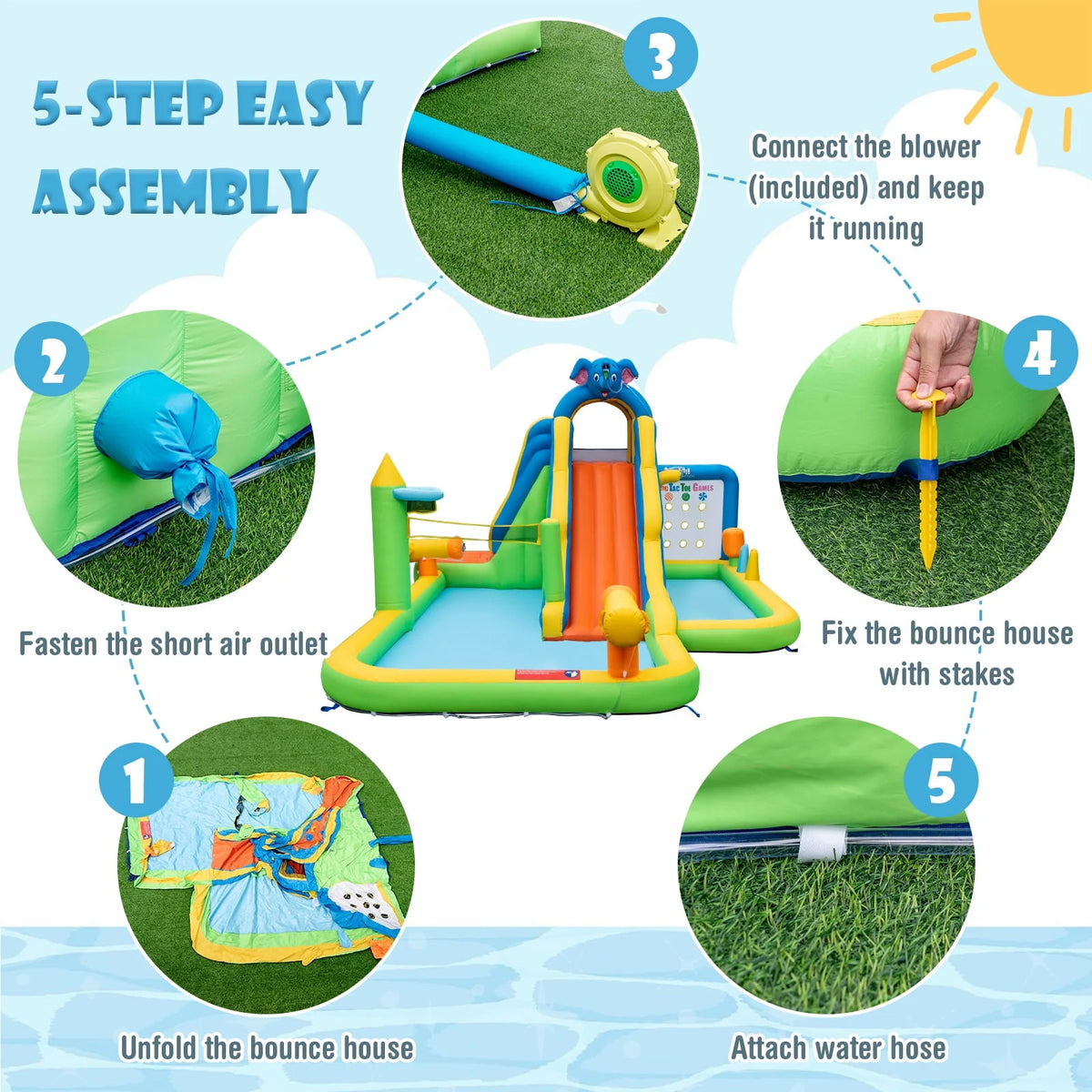 Inflatable Water Slide 9-in-1 Water Park with Splash Pool I569