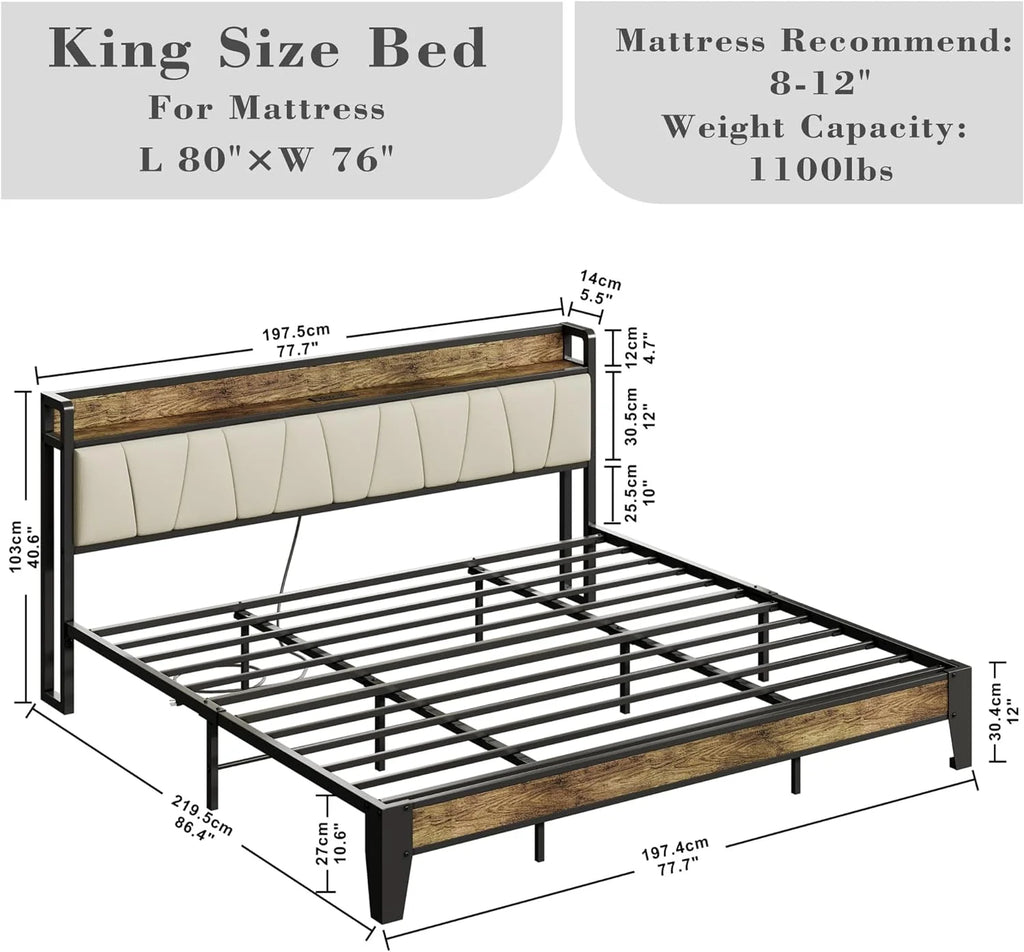 King Bed Frame with Storage Headboard and Charging Station Z6912