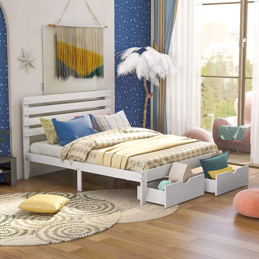 Full Size Platform Bed with Storage Drawer White T593