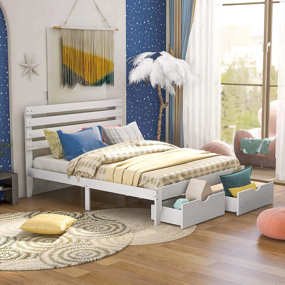 Full Size Platform Bed with Storage Drawer White T593