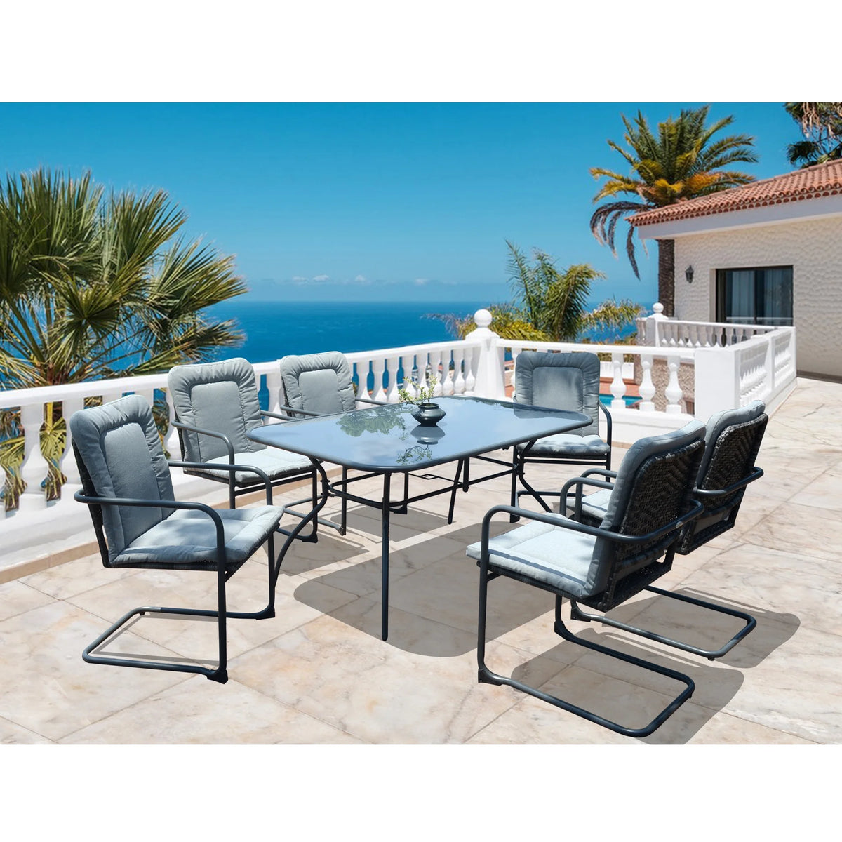 7 Pcs Wicker Dining Set with Tempered Glass Table K384