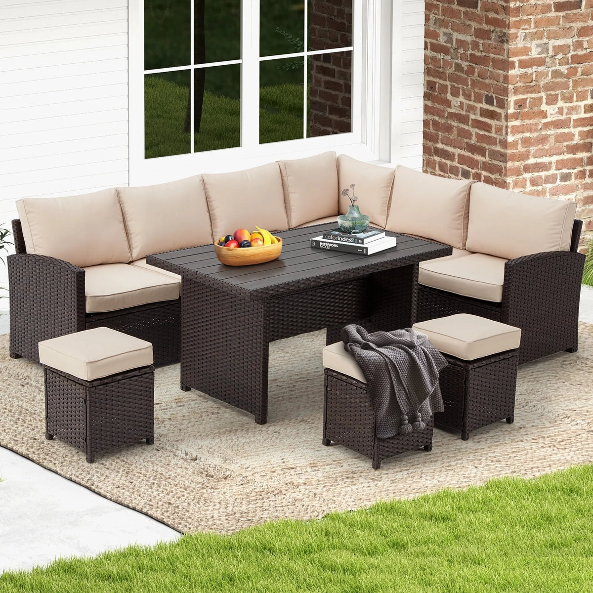 7 Piece Rattan Wicker Sectional Sofa Set with Dining Table & Chair O621300