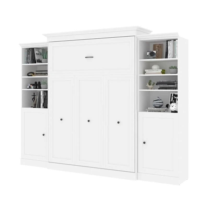 White Wood Queen Murphy Bed with 2 Organizers U7304