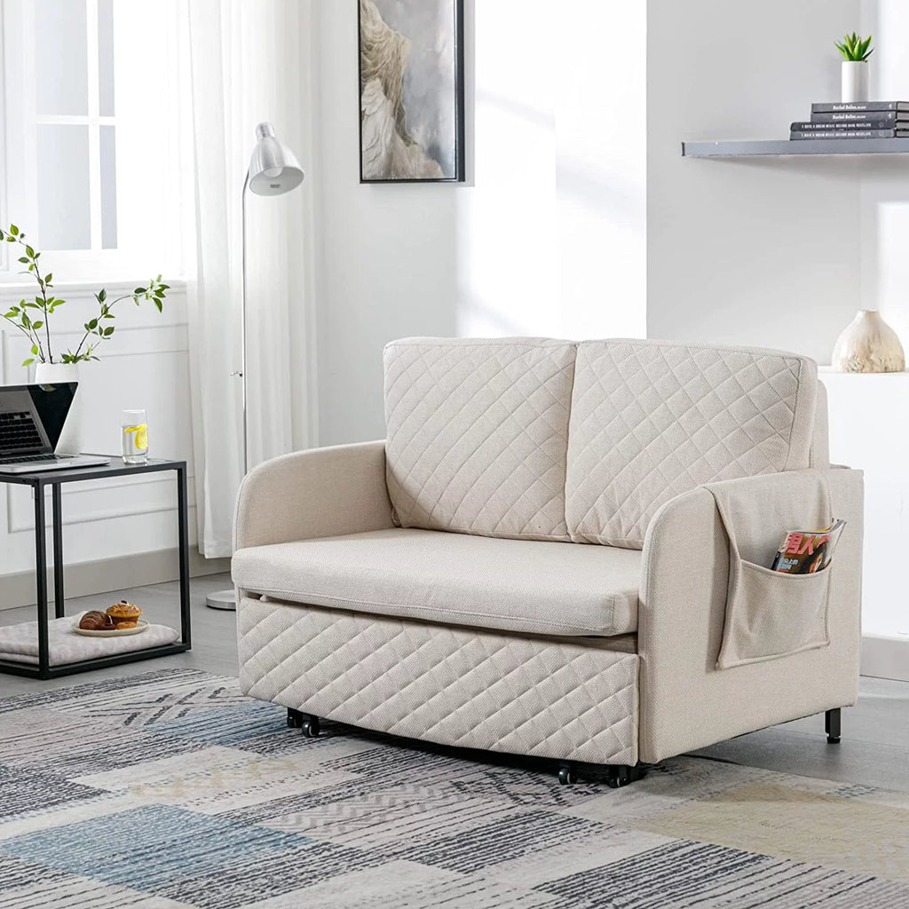 Mini Pull Out Couch Bed Twin Sleeper Sofa with Side Pocket Beige Linen U1984