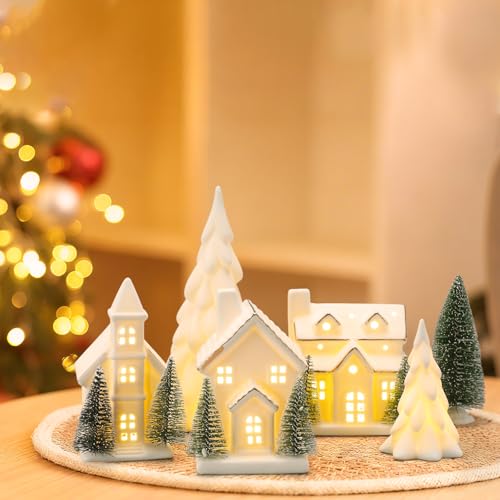 12 Pcs Ceramic Christmas Village Set with Lights M185