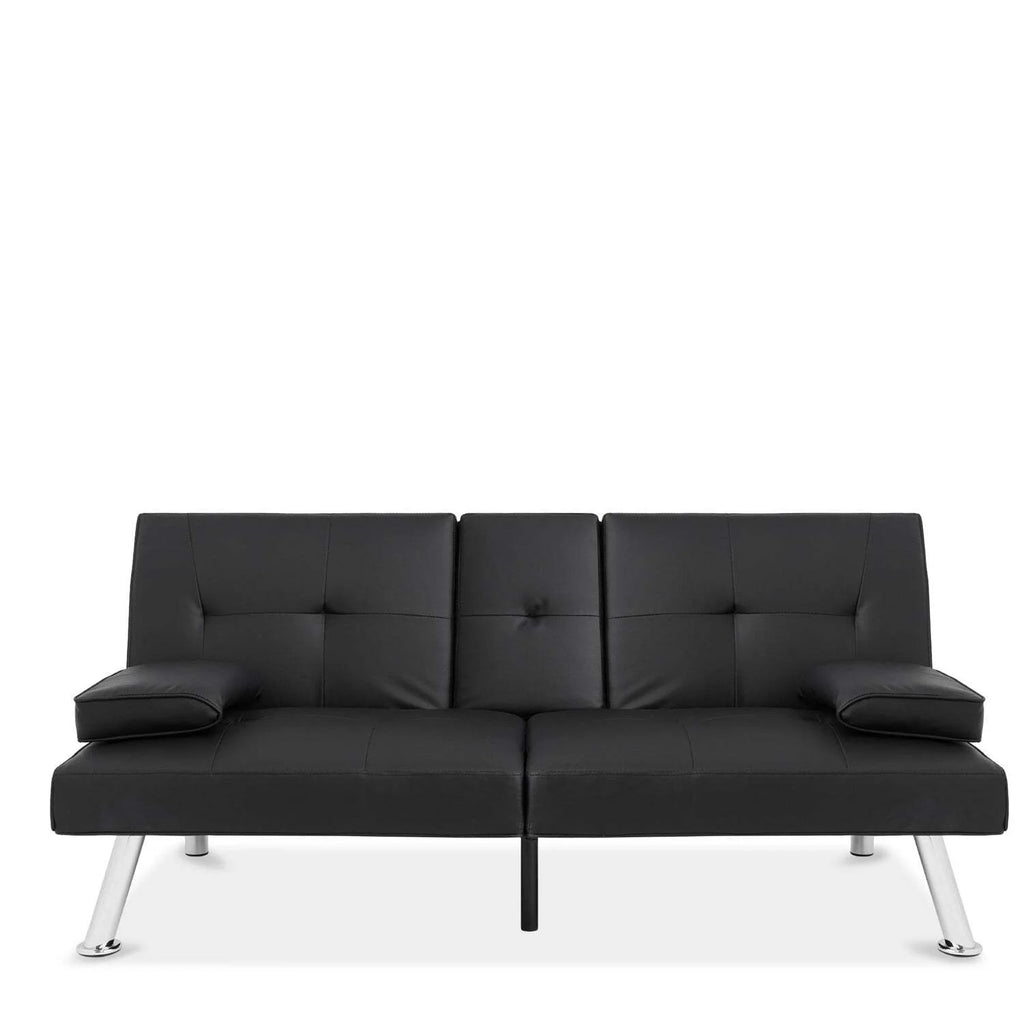 Black Faux Leather Convertible Sofa Futon with 2 Cup Holders Y19564
