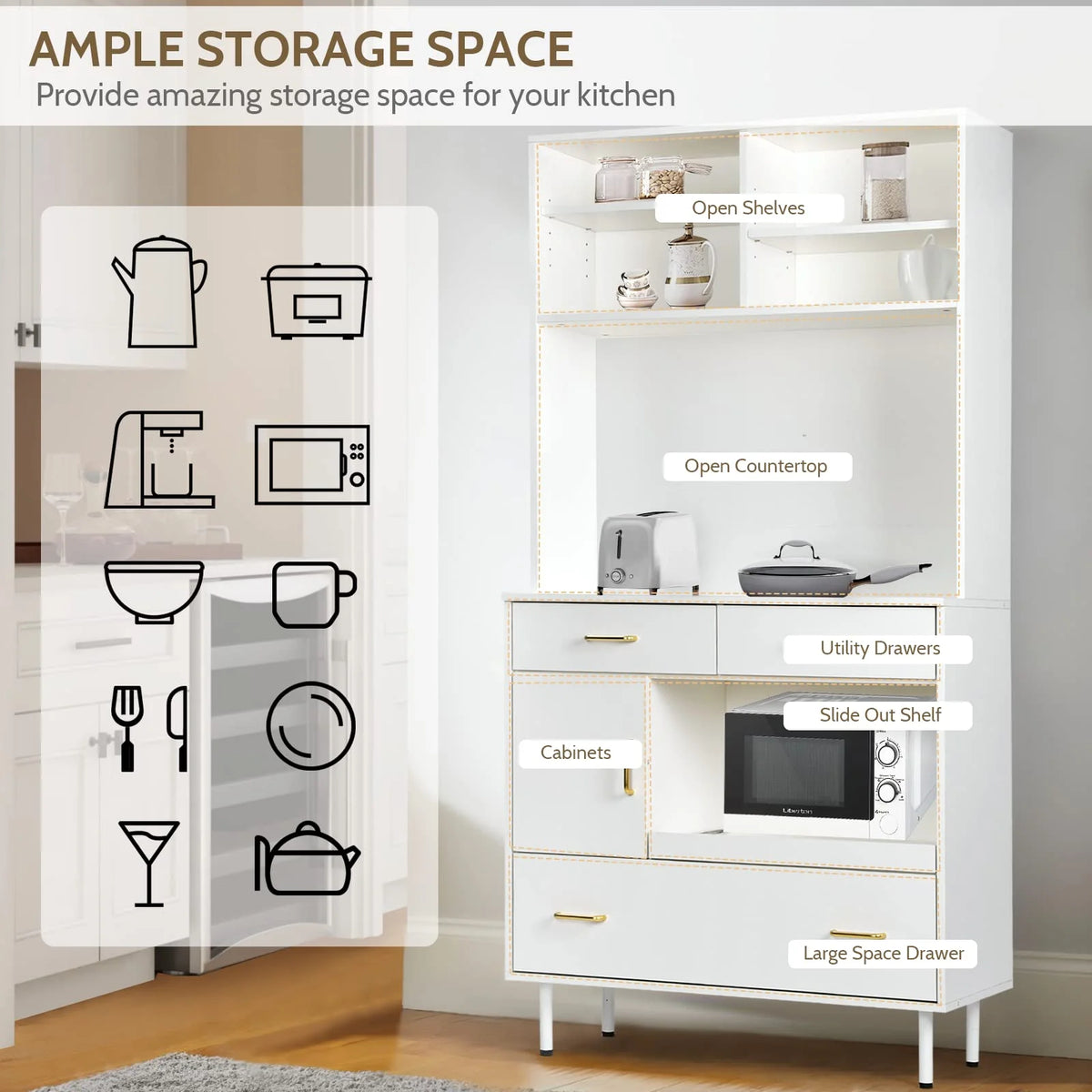 White 71'' Kitchen Pantry Storage Cabinet with 3 Drawers O884