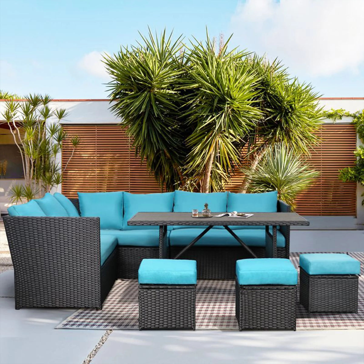 7 Piece Rattan Wicker Sectional Sofa Set with Dining Table & Chair O621300
