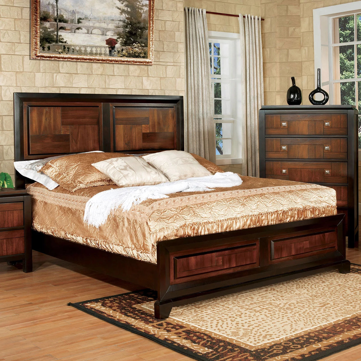 Walnut Acacia Finish 3pc Eastern King Size Bed and 2 Nightstands M48210