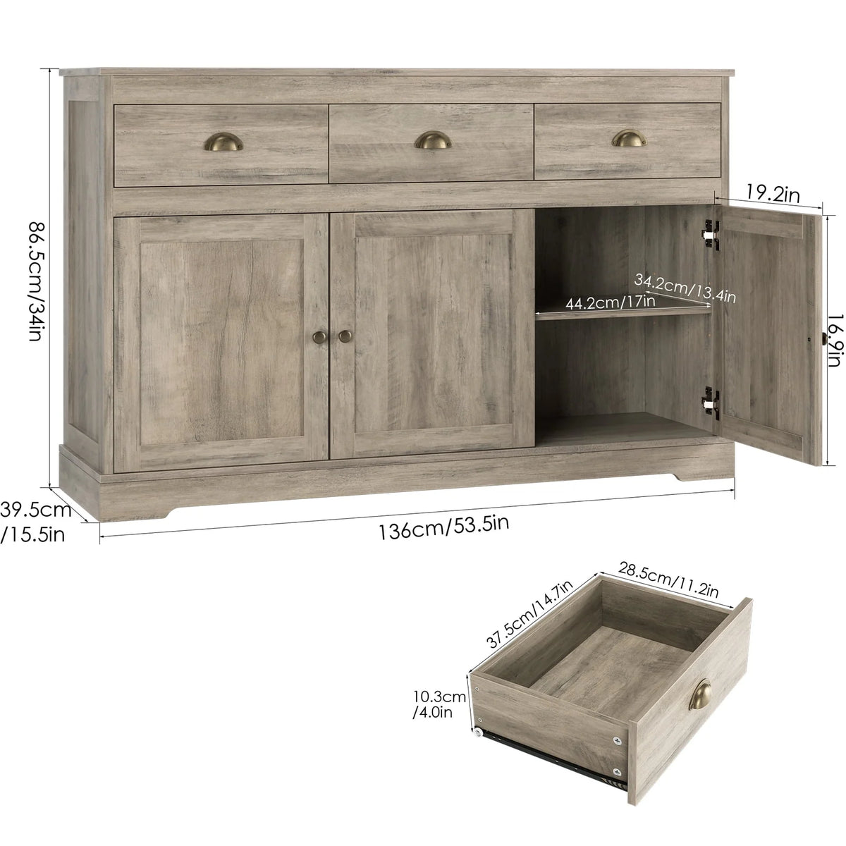 White 3 Drawer 3 Door Sideboard Storage Cabinet V23858