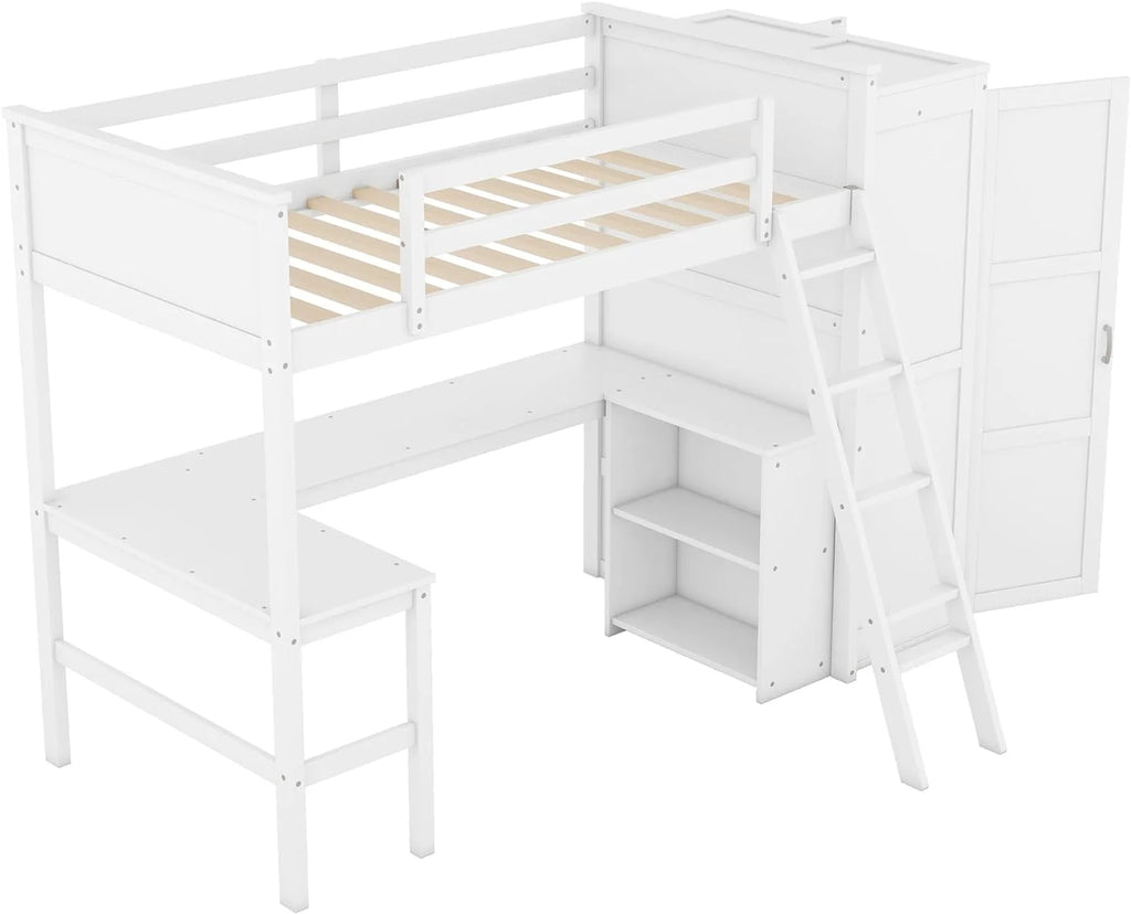 Wood Loft Bed with Desk and Storage Shelves P85053