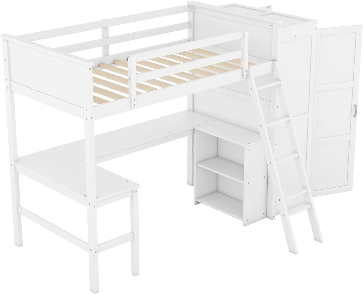 Wood Loft Bed with Desk and Storage Shelves P85053