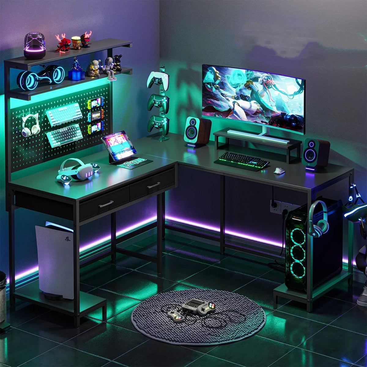 L Shaped Gaming Desk with LED Lights and Hutch D977