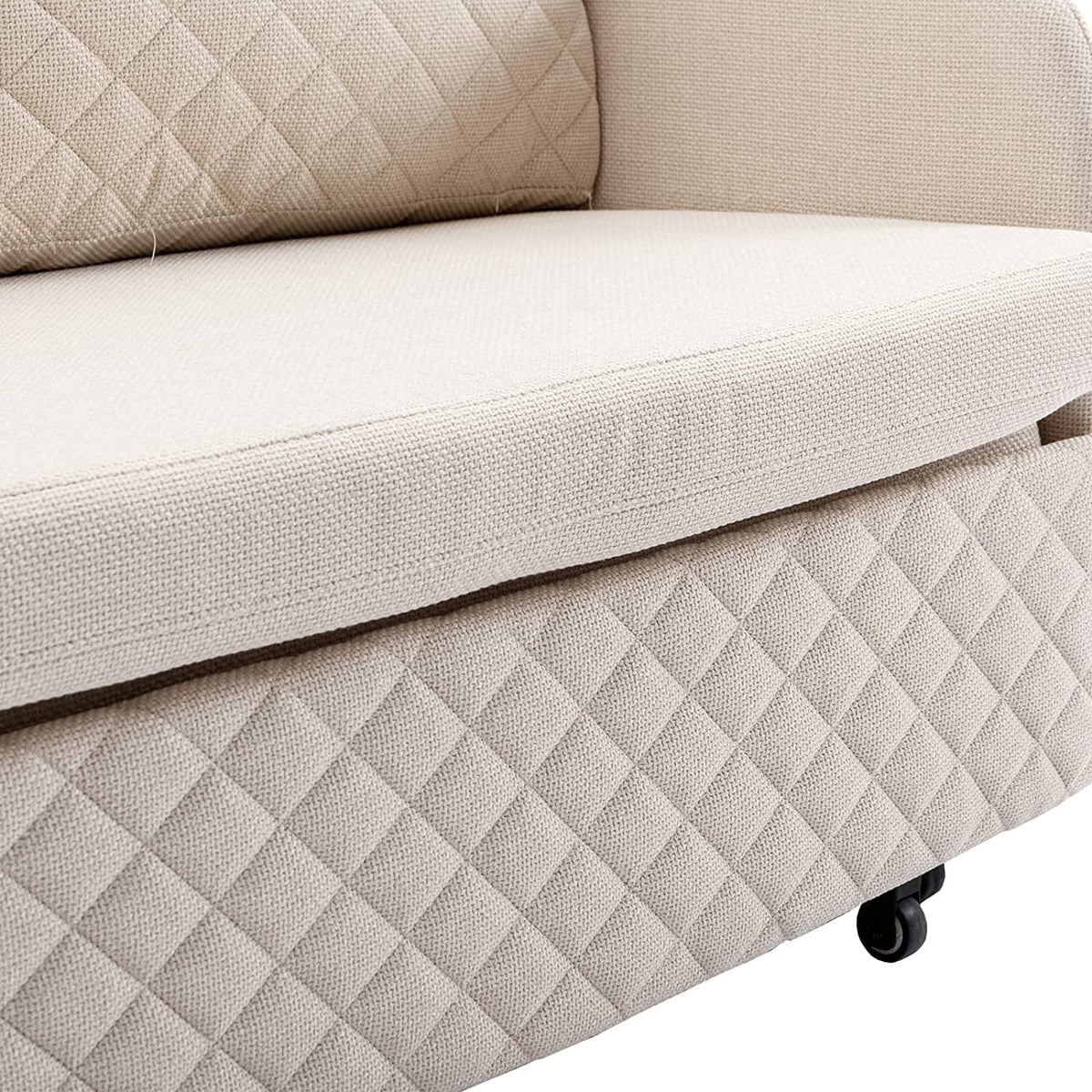 Mini Pull Out Couch Bed Twin Sleeper Sofa with Side Pocket Beige Linen U1984