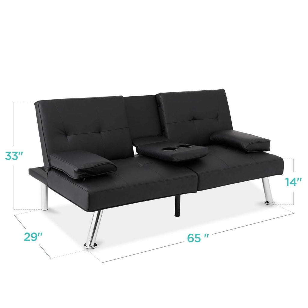 Black Faux Leather Convertible Sofa Futon with 2 Cup Holders Y19564
