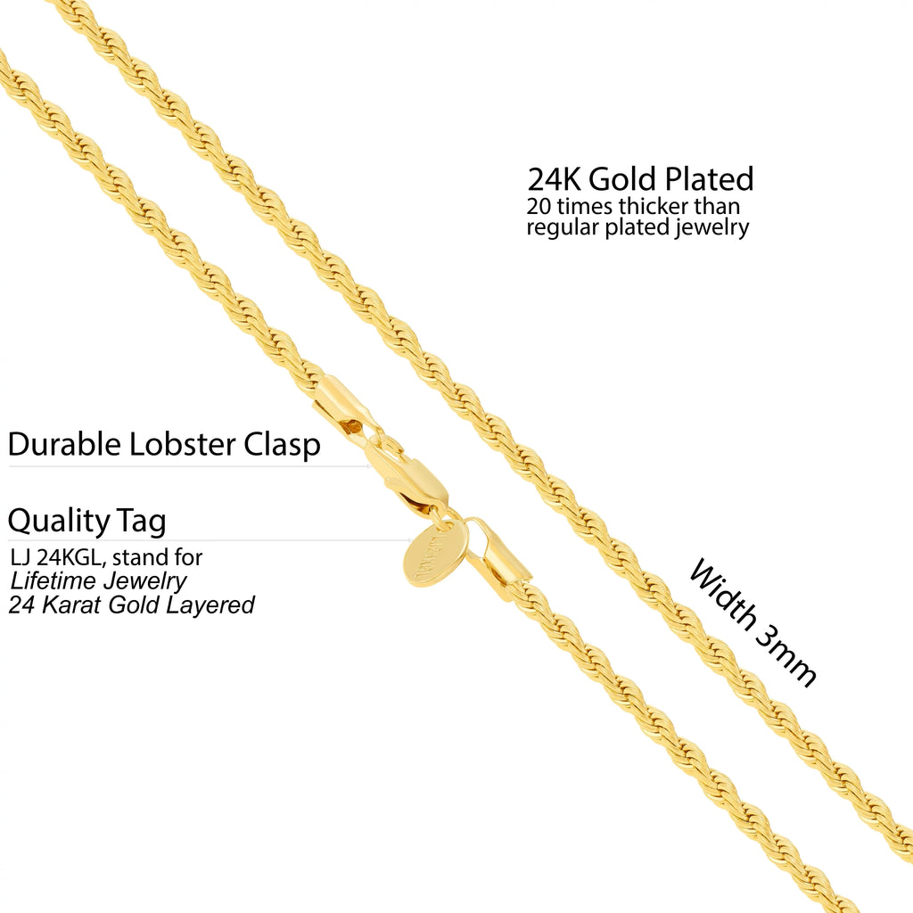3mm Rope Chain Necklace 24k Real Gold Plated X8813
