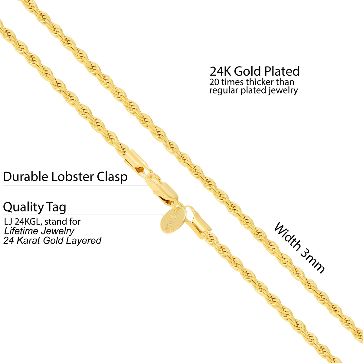3mm Rope Chain Necklace 24k Real Gold Plated X8813