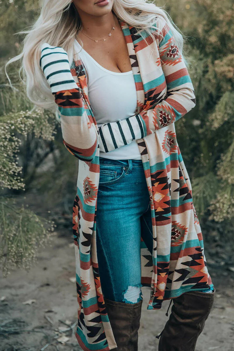 Geometric Print Contrast Cardigan Collar Outerwear O961