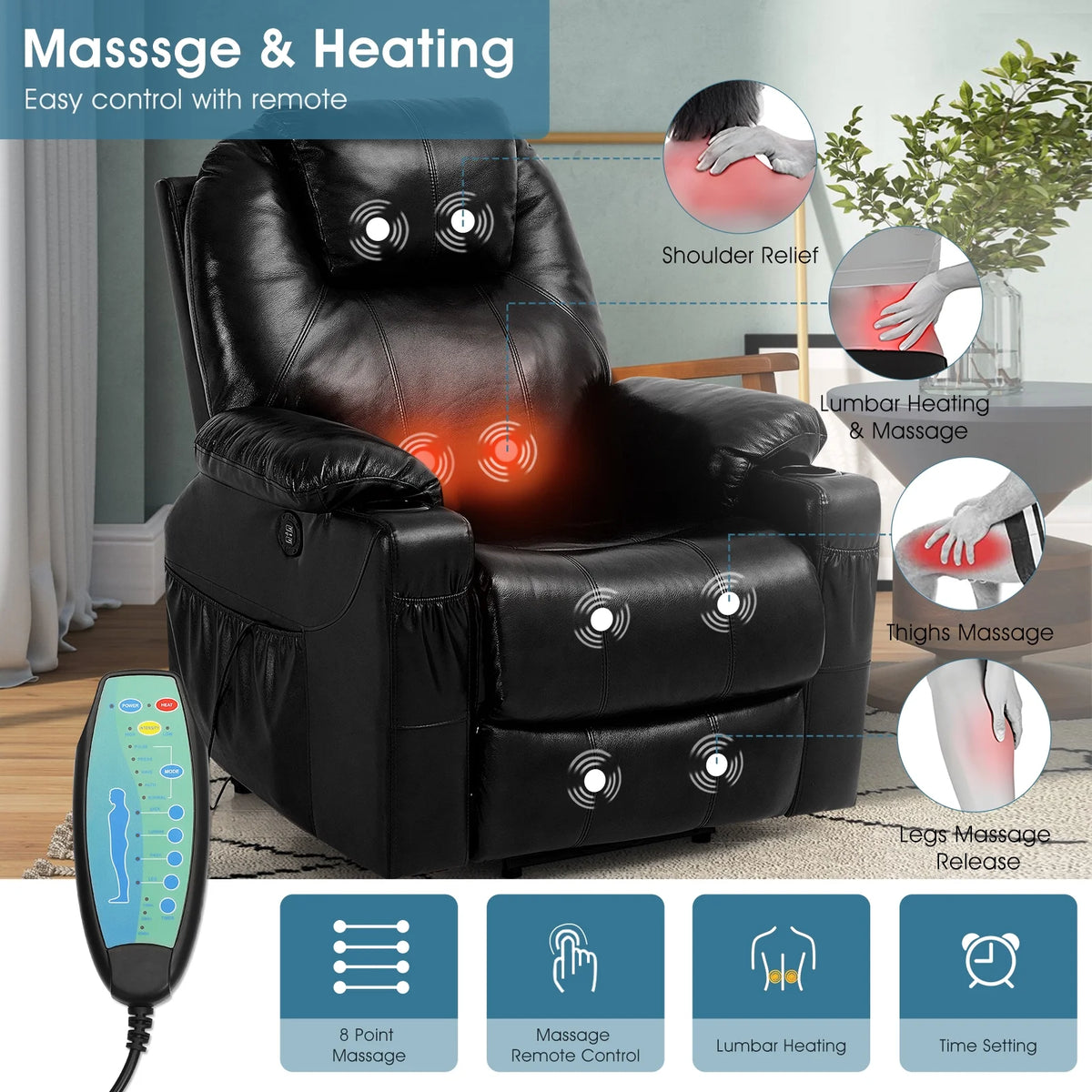 Large Power Lift Recliner Chair with Massage and Heating G363