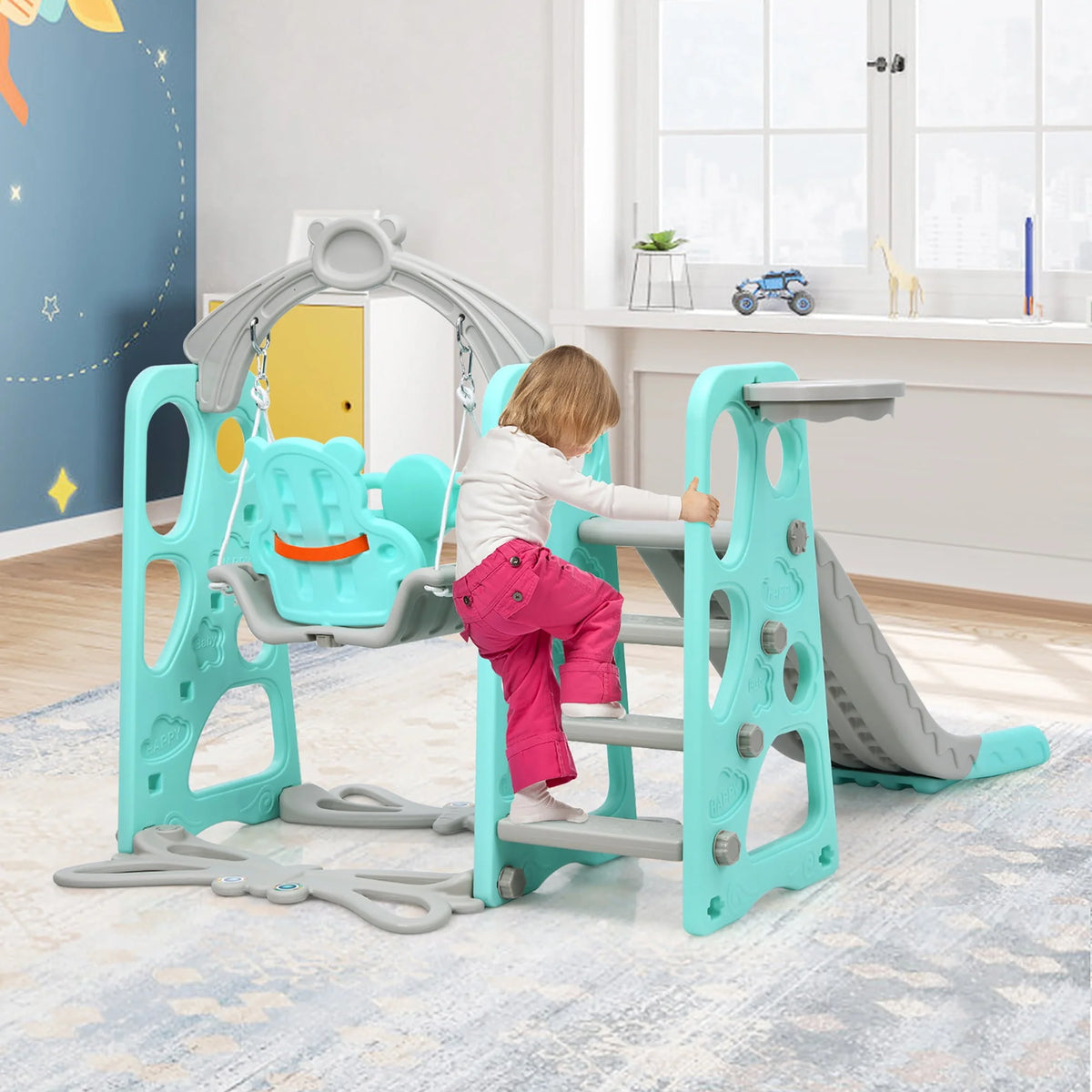 4-in-1 Toddler Climber and Swing Set with Basketball Hoop D655