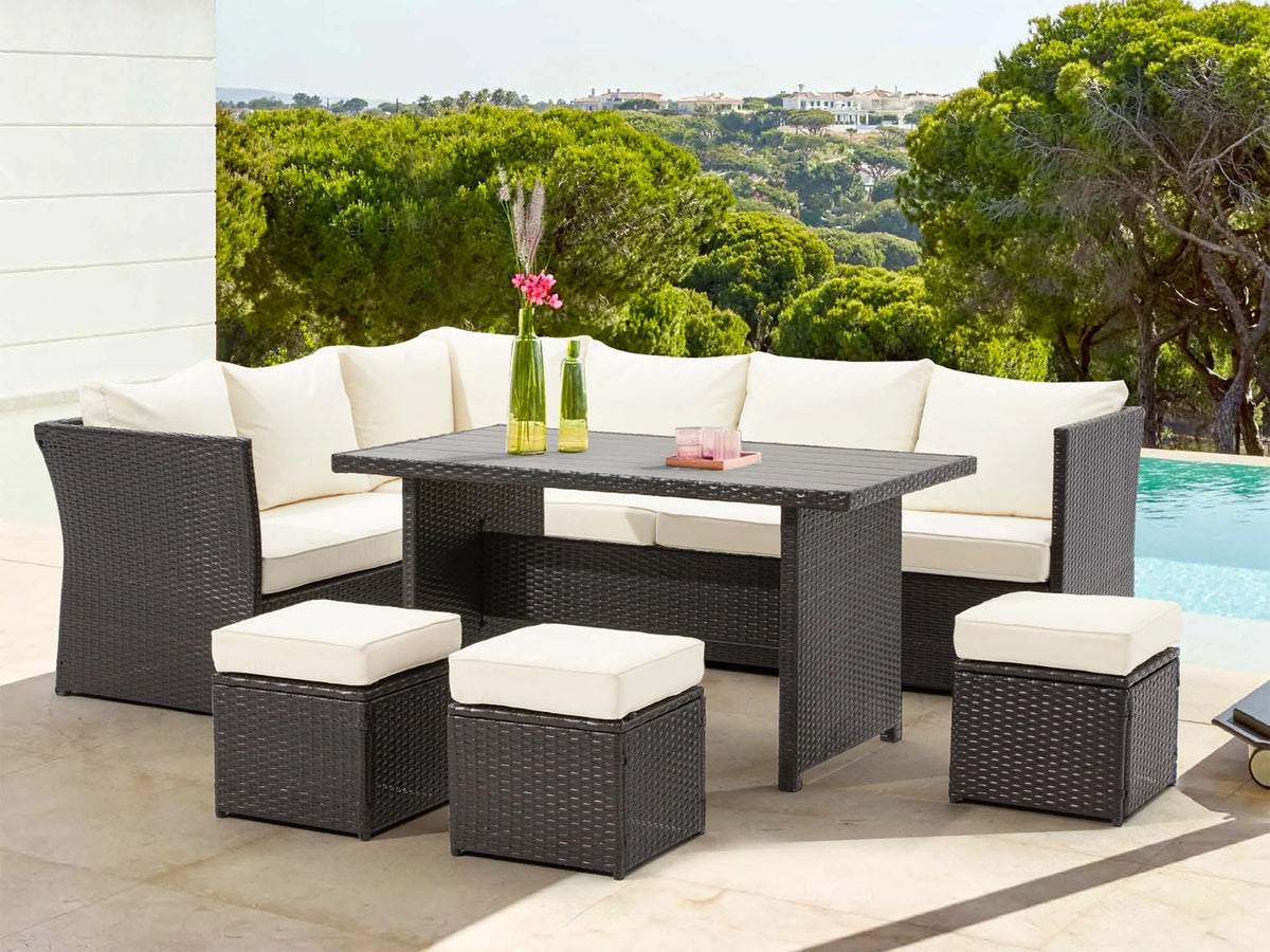 7 Piece Rattan Wicker Sectional Sofa Set with Dining Table & Chair O621300