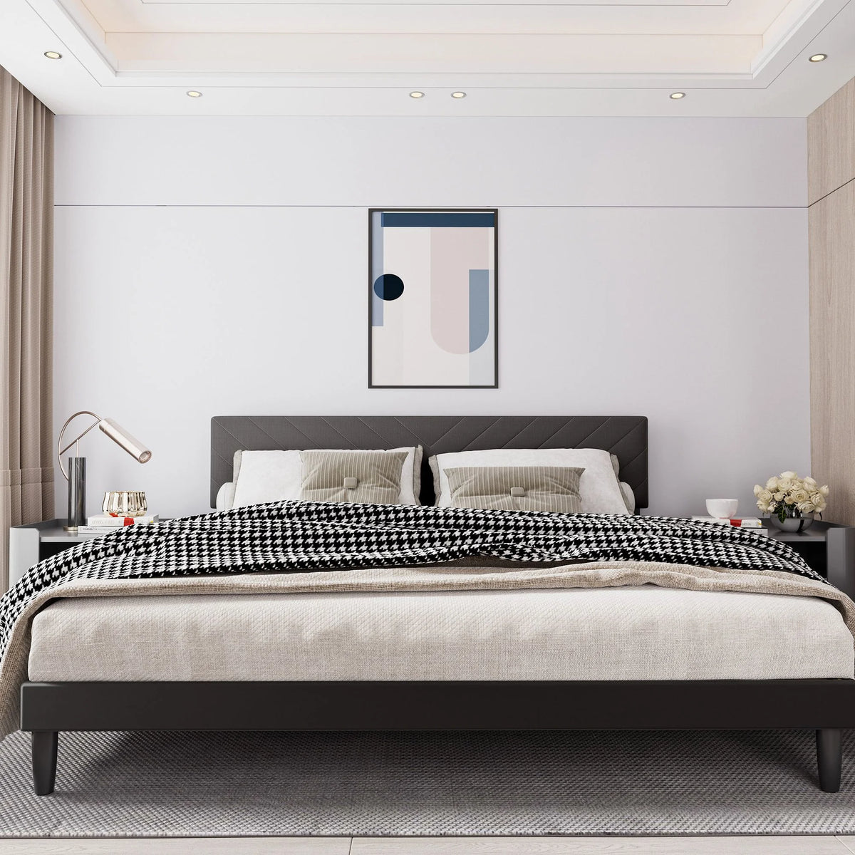 King Size Upholstered Platform Bed Frame with Adjustable Headboard and Wood Slats K5969