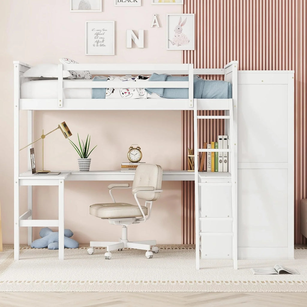 Wood Loft Bed with Desk and Storage Shelves P85053