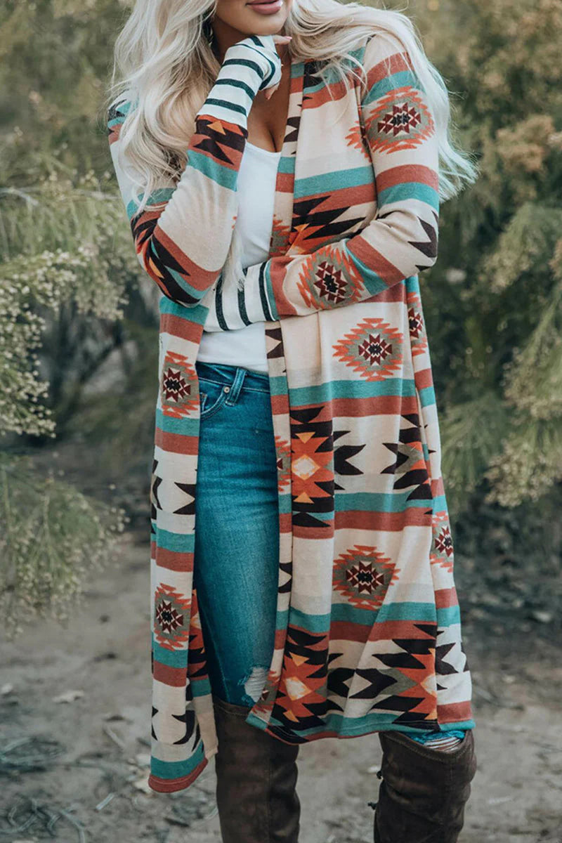 Geometric Print Contrast Cardigan Collar Outerwear O961