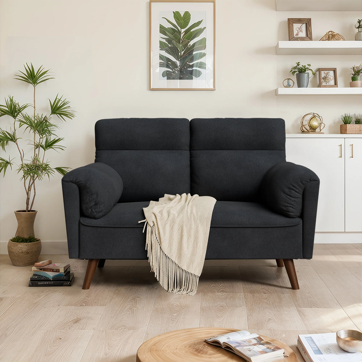 Black Upholstered 2-Seater Loveseat Sofa with Wood Legs B80707