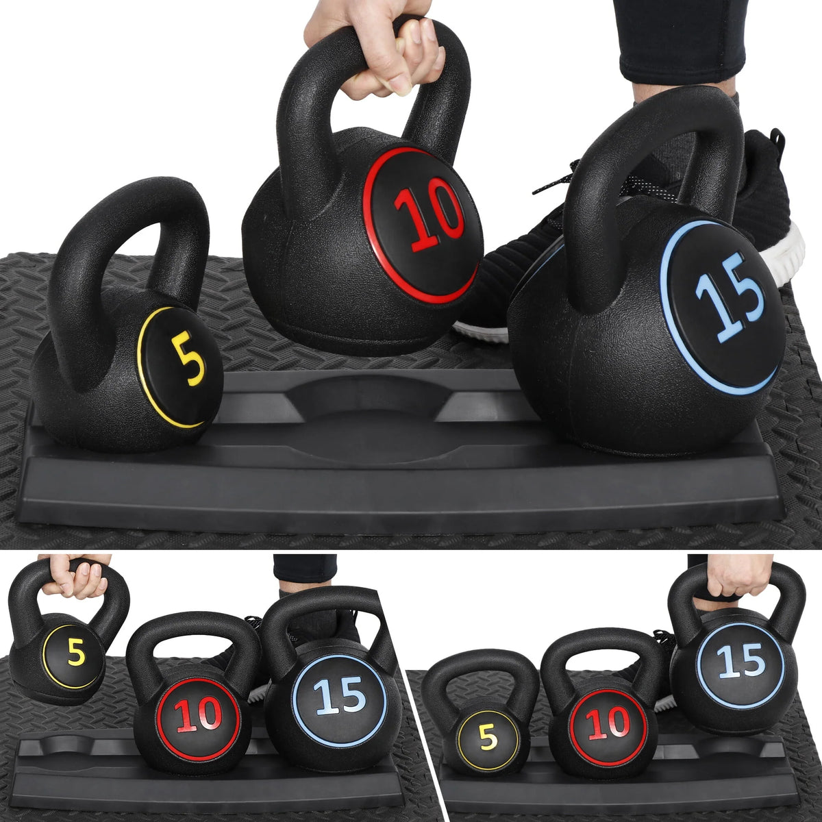 3 Piece 5lb 10lb 15lb Kettlebell Set with Storage Rack I20014