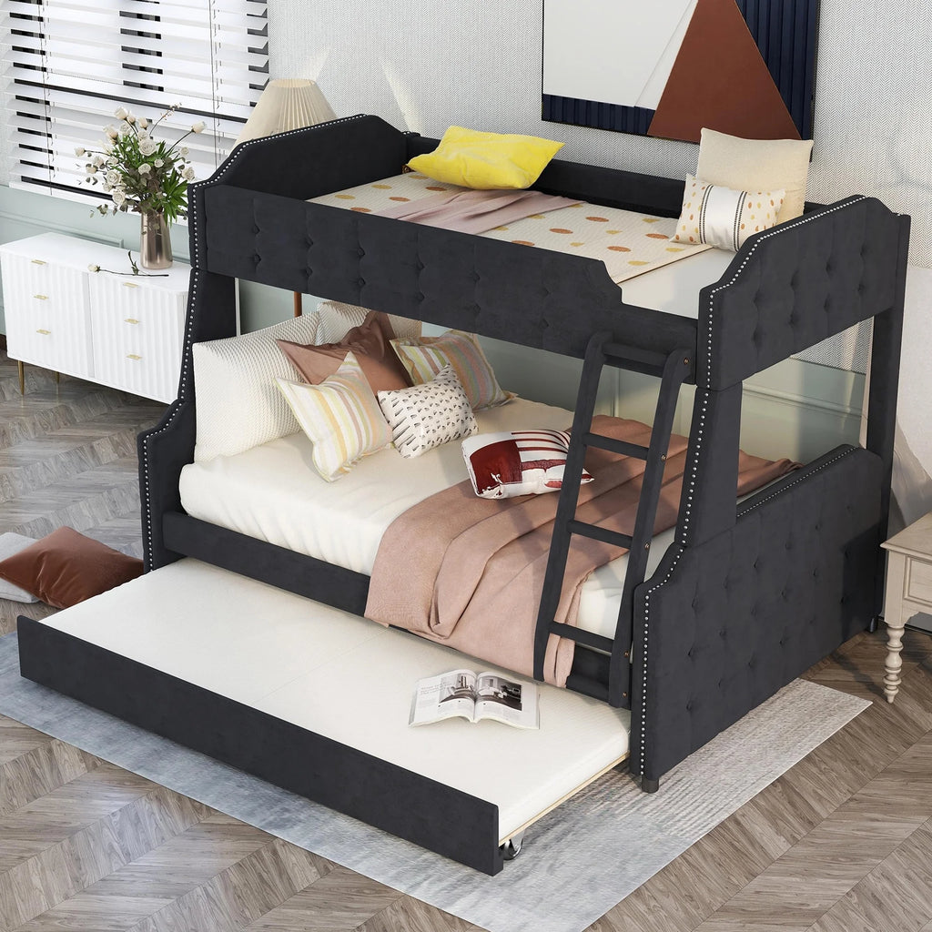 Black Upholstered Twin-Over-Full Bunk Bed with Trundle P923879