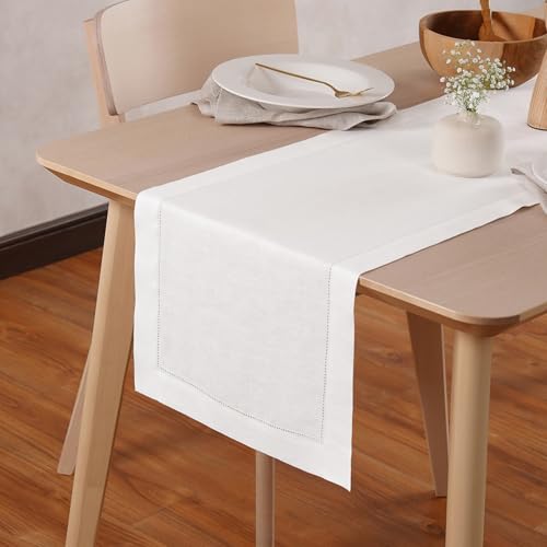 White Cotton Linen Table Runner with Embroidery V651