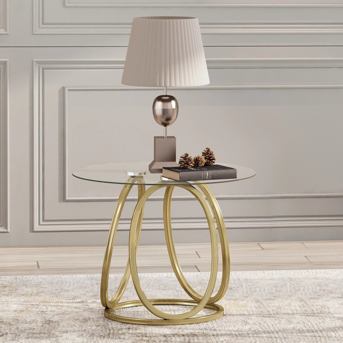 Modern Glass Round End Table with Gold Metal Frame A64887