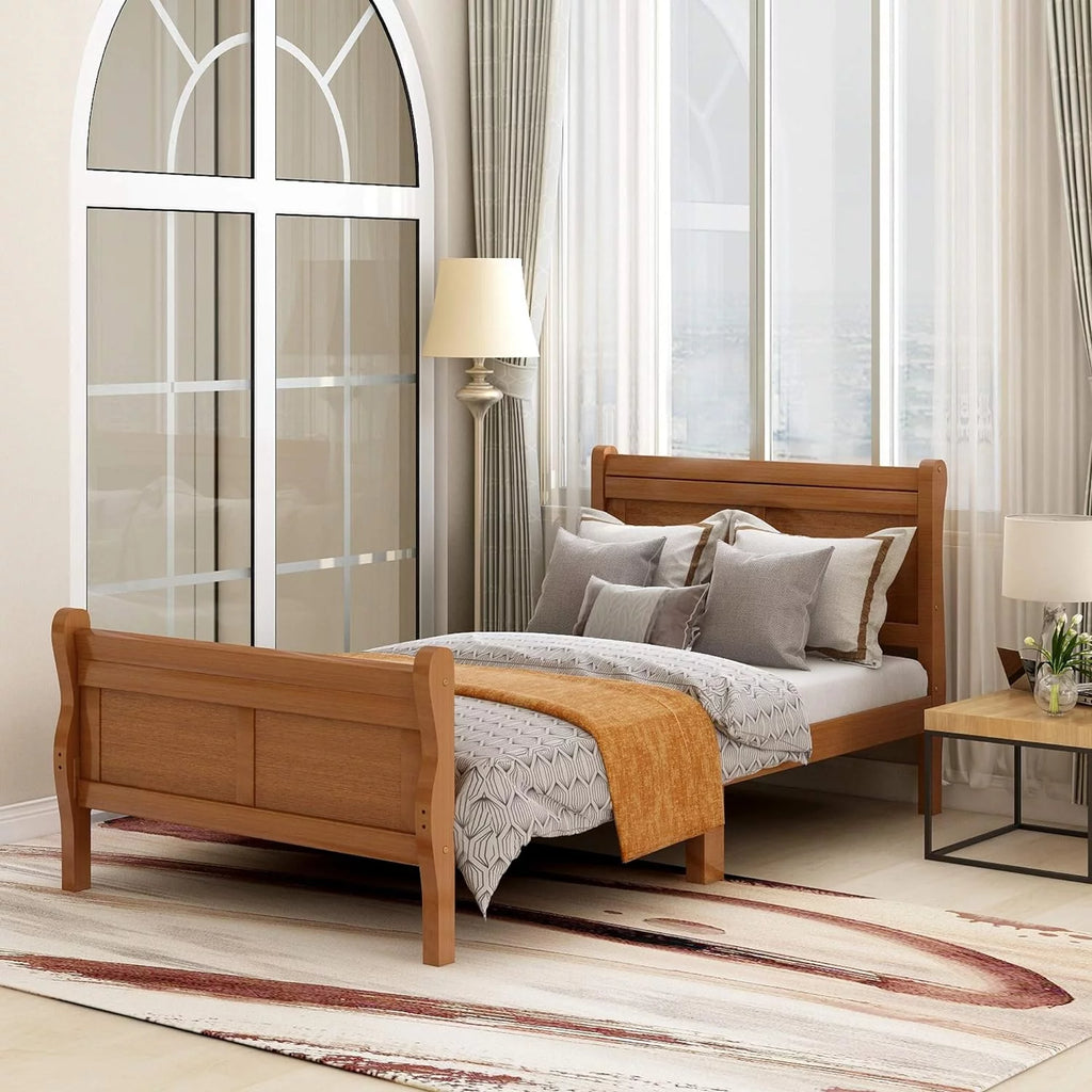 Oak Wood Sleigh Bed with Headboard and Footboard E525444