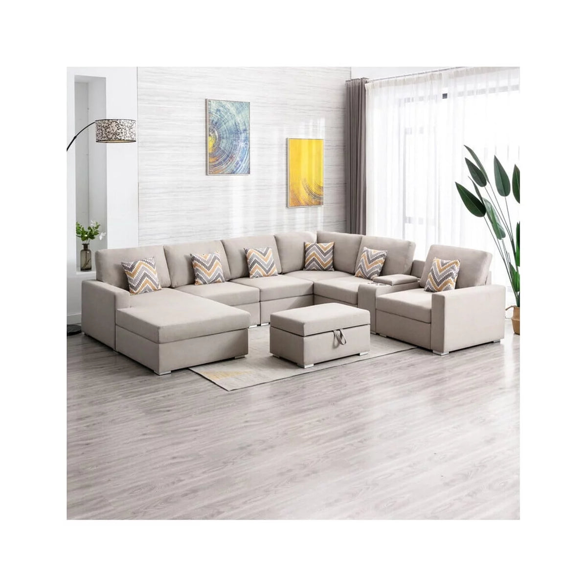 Linen Fabric 8Pc Reversible Chaise Sectional Sofa I1999
