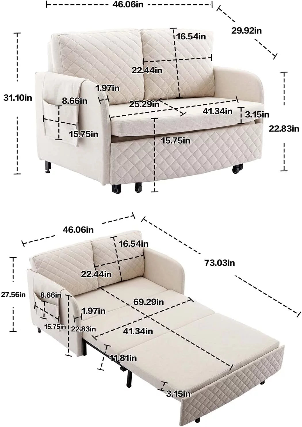 Mini Pull Out Couch Bed Twin Sleeper Sofa with Side Pocket Beige Linen U1984