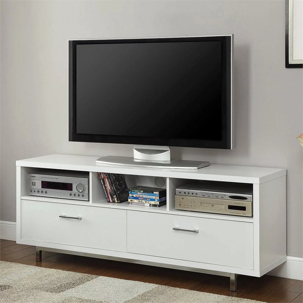 White and Chrome 3 Compartment 60" TV Stand T1145