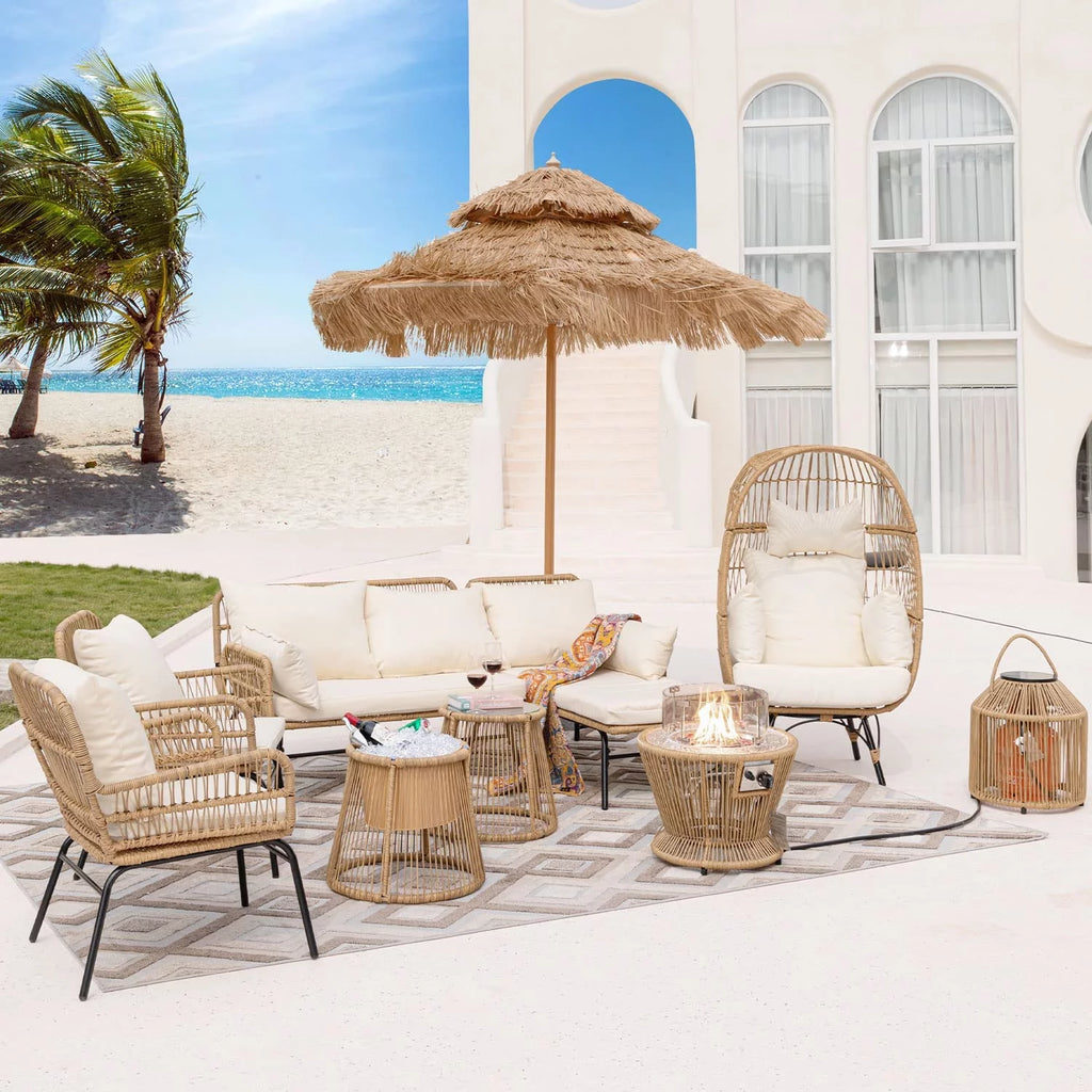 9 Pcs Wicker Patio Conversation Set with Fire Pit Table C495918