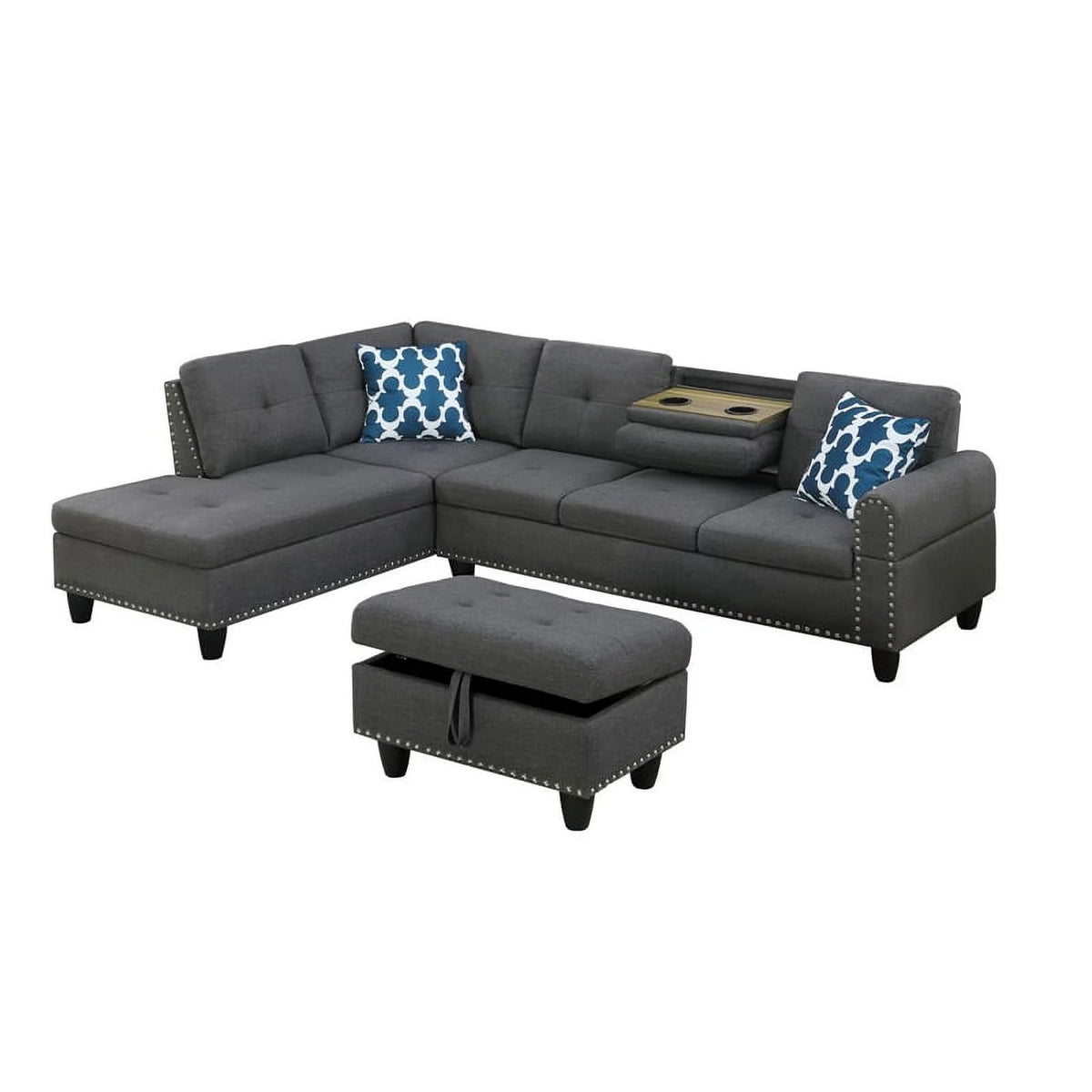 Polyester Fabric Sectional Sofa with Ottoman in Gray Y1675
