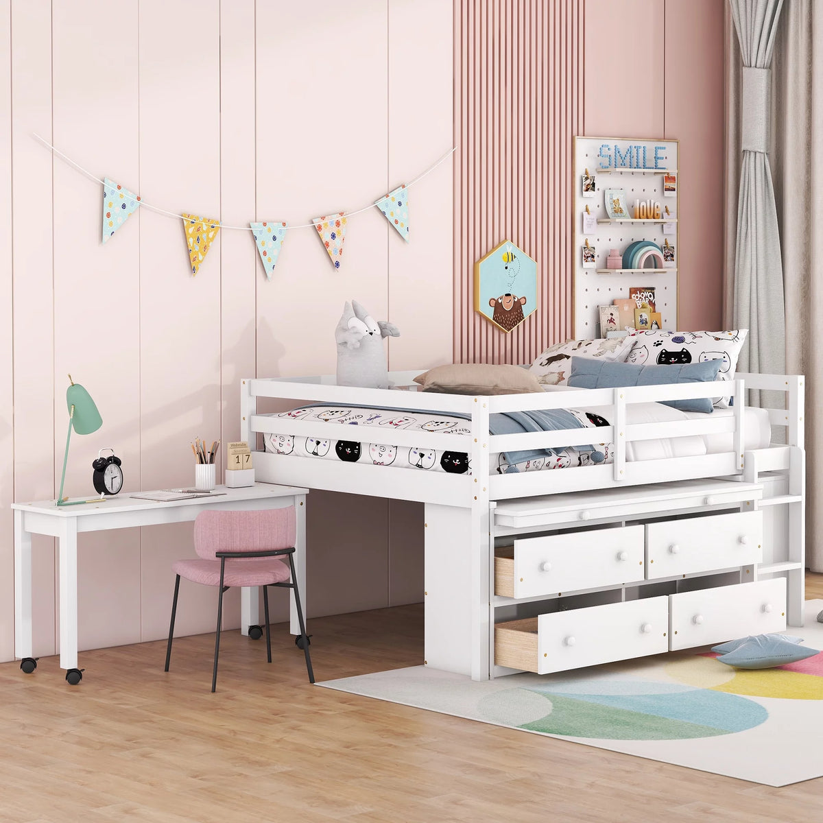 White Full Size Wooden Loft Bed with Desk and 4 Drawers and Shelves Y2889