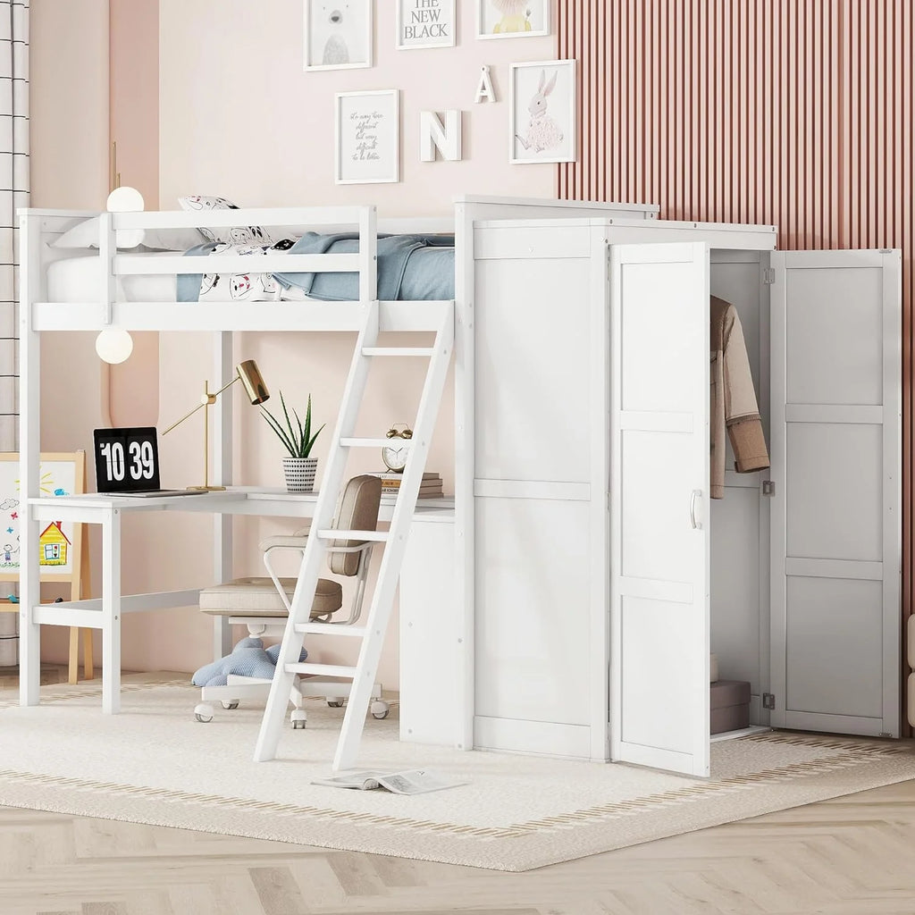 Wood Loft Bed with Desk and Storage Shelves P85053