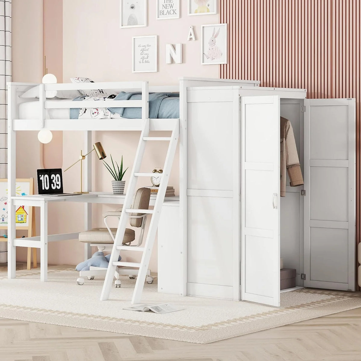 Wood Loft Bed with Desk and Storage Shelves P85053